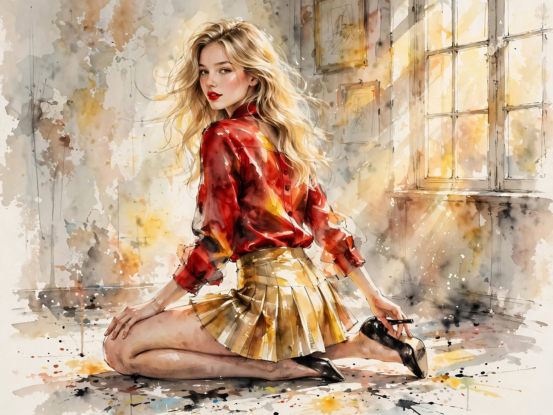 Watercolor portrait of a windswept blonde woman kneeling beside a sunlit window in red shirt and gold skirt