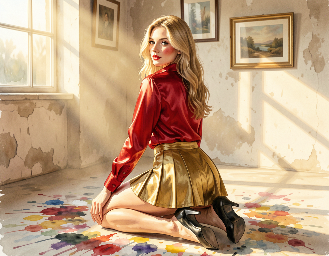 Blonde woman in red satin top and gold skirt kneels looking over her shoulder in a sunlit art studio