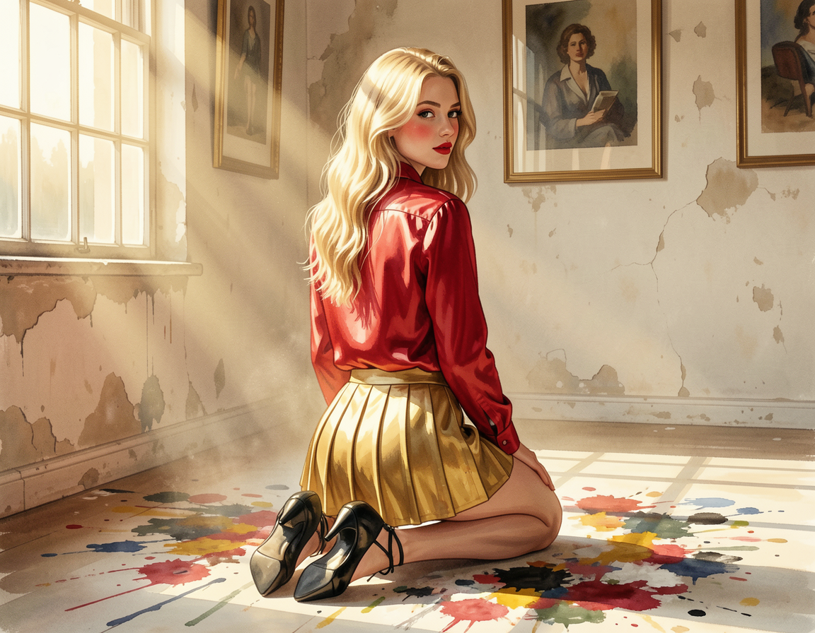 Blonde woman in a red satin shirt kneels on a paint-splattered studio floor looking over her shoulder
