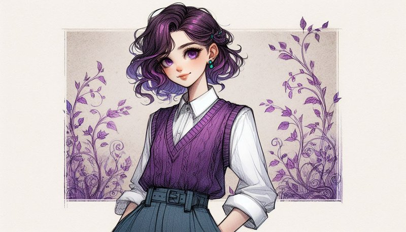 Stylized anime girl with purple hair wearing a violet knit vest over a white shirt and high-waisted jeans, with a purple