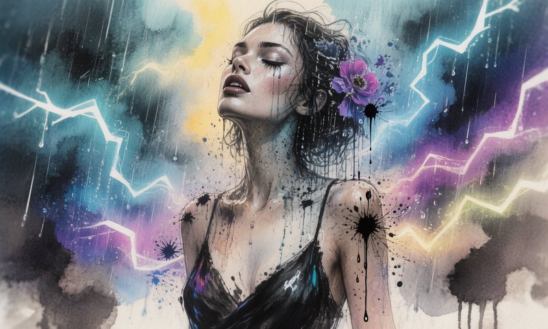 Woman in rain under neon lightning, with watercolor splashes and a flower in her hair.