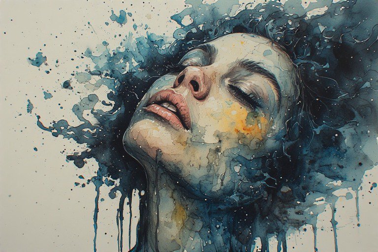 Watercolor portrait of a woman with eyes closed, head tilted, blue splashes and drips around her face.