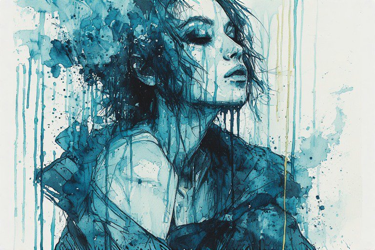 Blue watercolor portrait of a woman with closed eyes and dripping paint effect on a light background