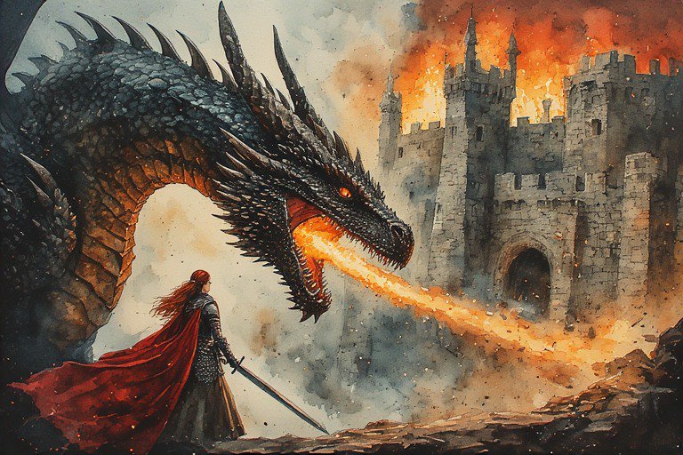 A high-fantasy battle scene featuring a fire-breat | NielsCarlsen on ...
