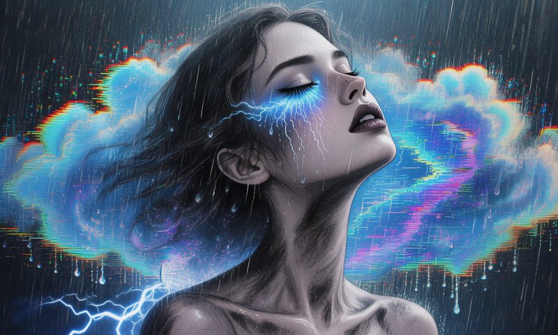 Surreal digital portrait of a woman with neon storm clouds, rain, and blue lightning.