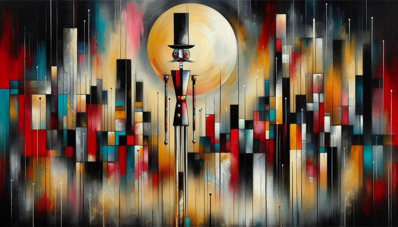 Abstract street scene with a tall, top-hat figure among colorful geometric buildings and a glowing yellow sun.