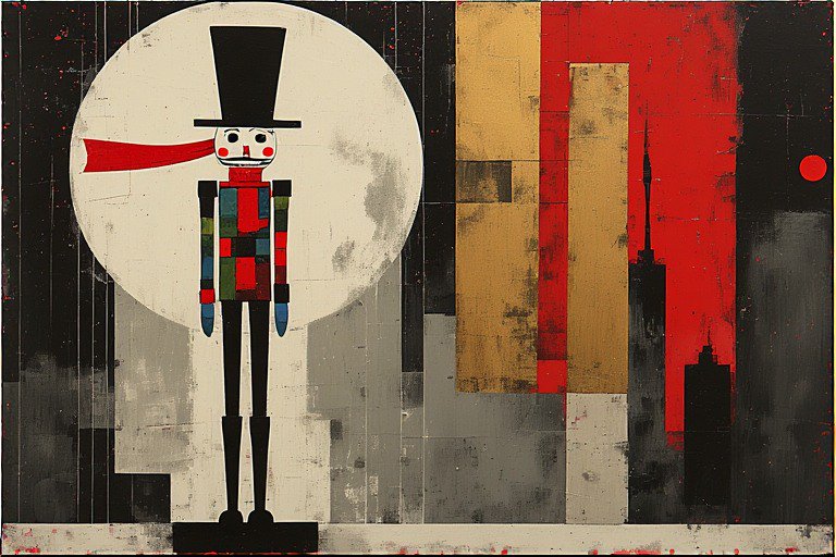 Geometric painting of a nutcracker figure with a tall black hat, standing before a large white circle and abstract city