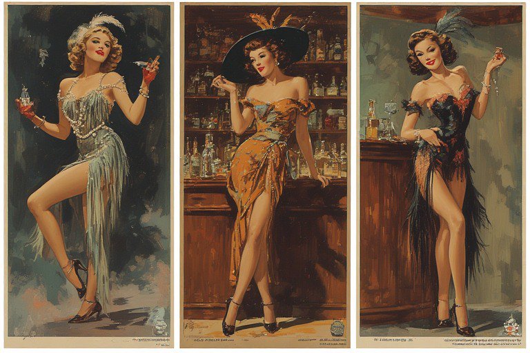 Three vintage pin-up women in glamorous gowns posing with drinks at a bar in a three-panel illustration.