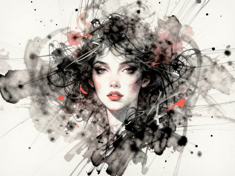 Artistic watercolor portrait of a woman's face with chaotic ink splashes and lines.