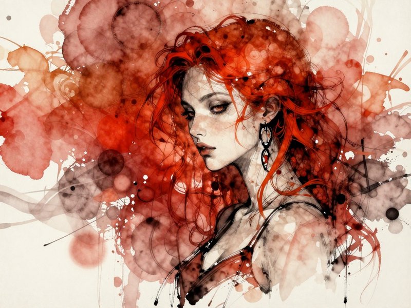 Watercolor portrait of a woman with flowing red hair and smoky makeup, surrounded by red and black abstract splashes.