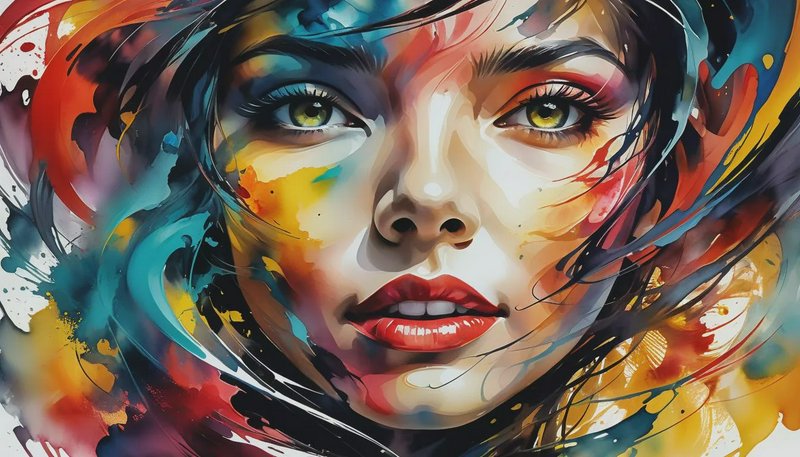 A vibrant abstract watercolor portrait of a woman's face with swirling, colorful strokes.