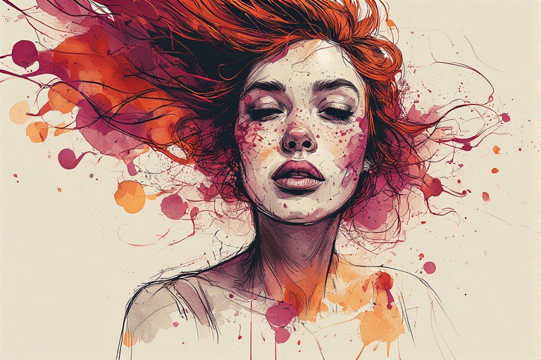 Expressionist watercolor portrait of a woman with flowing red hair and closed eyes, surrounded by colorful splashes.