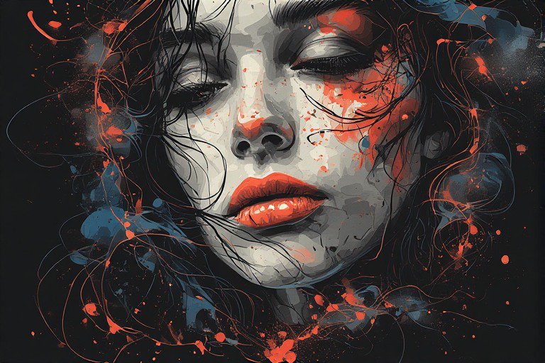 Close-up portrait of a woman with grayscale face and bold red lips, overlaid with red and blue paint splatters.