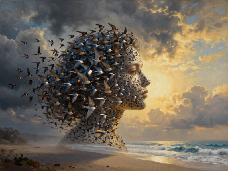 Surreal sculpture: a profile of a woman’s head composed of a flock of birds on a sunset beach.