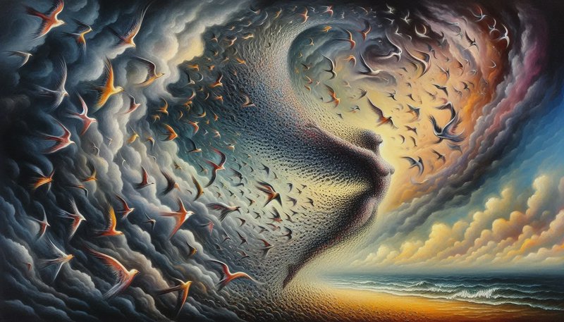 Surreal painting of a spiraling flock of birds forming a human-like face above a sunset ocean.