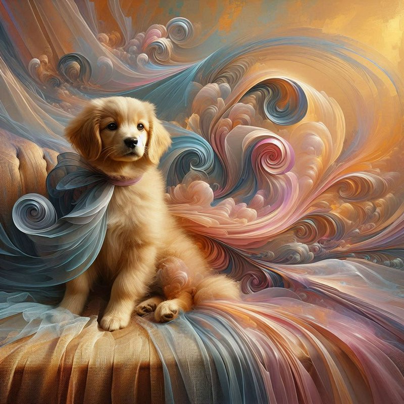 Golden retriever puppy amid swirling pastel fabrics and abstract swirls in a surreal artwork.