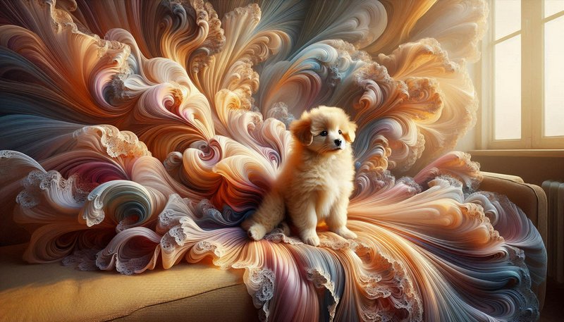 Fluffy puppy sitting on a couch with swirling colorful fabric-like patterns in the background