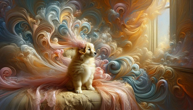 A fluffy puppy sits on a vintage sofa amid swirling pastel clouds in a surreal, dreamlike scene.