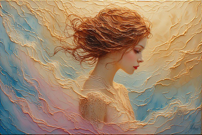 Soft pastel portrait of a woman in profile with a textured, swirling background