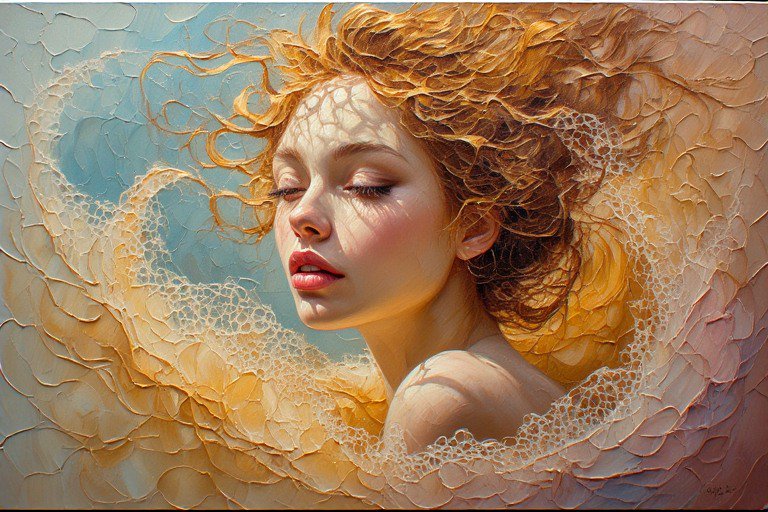 Portrait of a woman with flowing hair surrounded by lace-like textured patterns in peach tones.