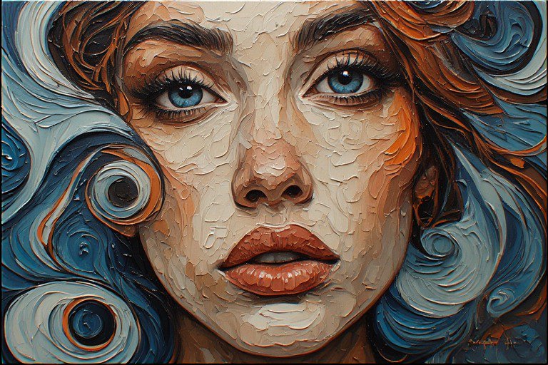 Close-up textured portrait of a woman with blue eyes and blue-orange swirled hair in oil-painting style.