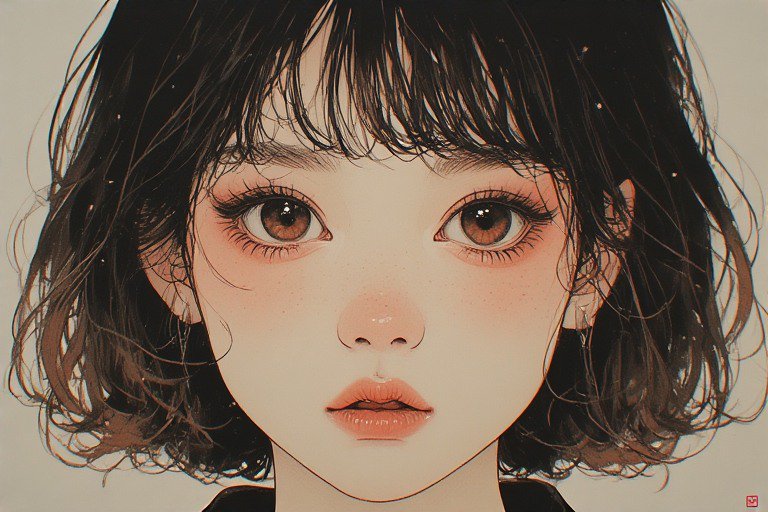 Illustrated portrait of a young girl with short wavy black hair, large brown eyes, and rosy cheeks.