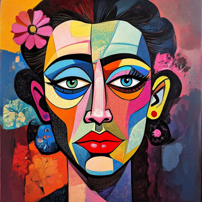 Colorful cubist portrait of a woman's face with patchwork shapes and a flower in her hair.