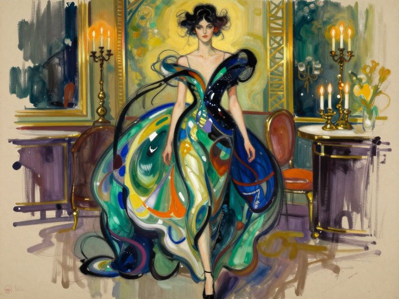 Woman in a swirling, multicolored couture gown in a candlelit, elegant room.
