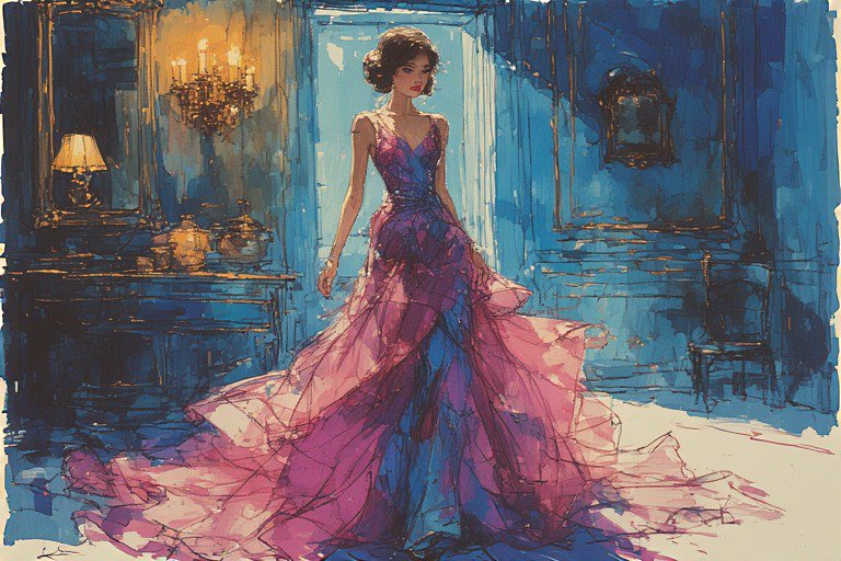 A woman in a flowing purple-pink evening gown stands in a blue, opulent room with a chandelier.