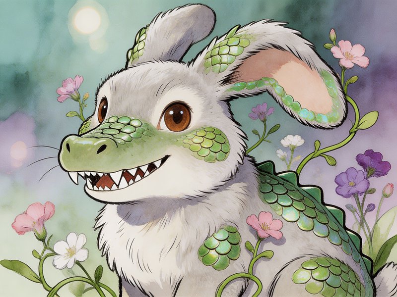 Whimsical bunny-dragon hybrid with green scales and pink flowers in a colorful garden.