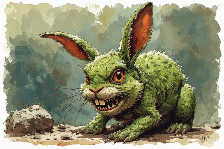 Green snarling rabbit with sharp teeth on rocky ground in a fantasy illustration