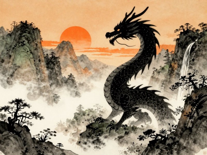Black dragon perched on rocky cliffs amidst misty mountains and a red sunset.
