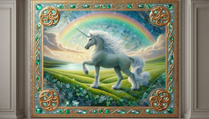 White unicorn with flowing mane on a meadow under a rainbow, framed by an ornate Celtic-inlaid border.