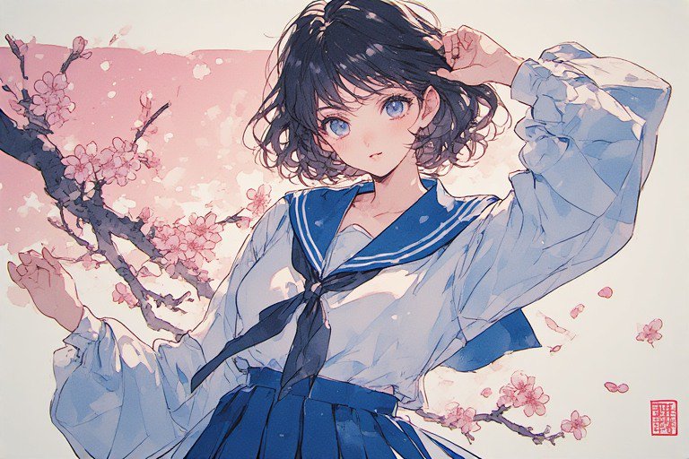 Anime-style girl in a blue-and-white sailor uniform among cherry blossoms.