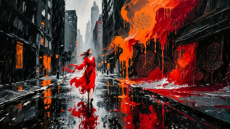 Woman in a flowing red dress walks down a rain-soaked city street with fiery orange-red mural art on the wall.