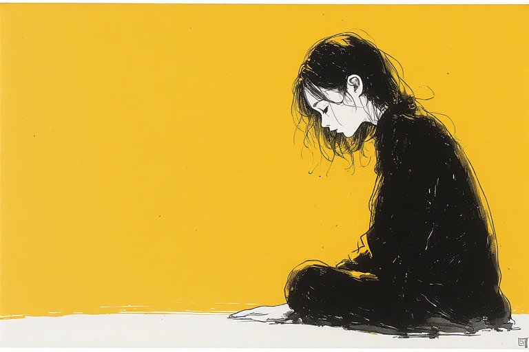 A black ink illustration of a seated woman in profile against a bright yellow background