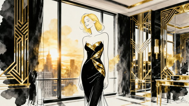 Illustration of a stylish woman in a black and gold gown inside a luxurious Art Deco room with a city skyline view.