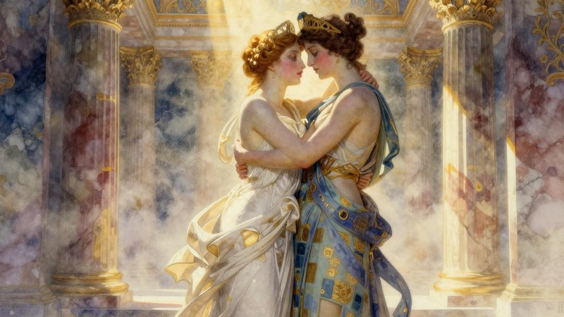 Two women in flowing ancient gowns embrace and kiss under golden light between marble columns.