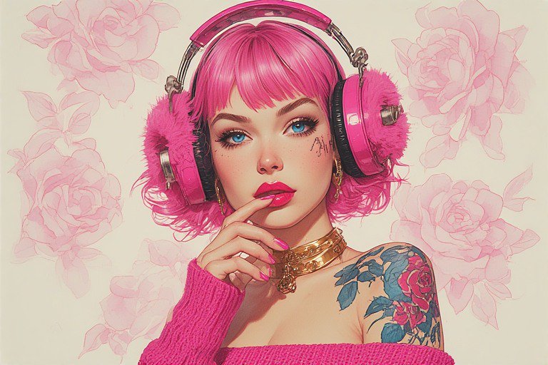 Illustrated portrait of a pink-haired woman wearing large pink headphones against a floral background.