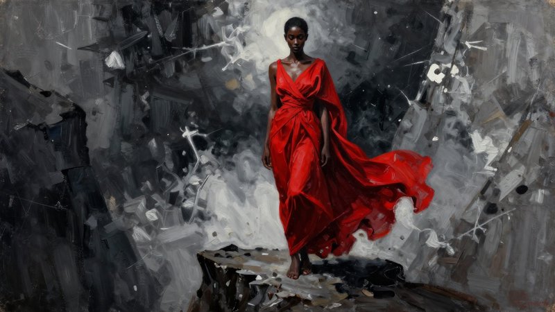 A woman in a flowing red dress stands on a rocky ledge against a dark, abstract stormy backdrop.