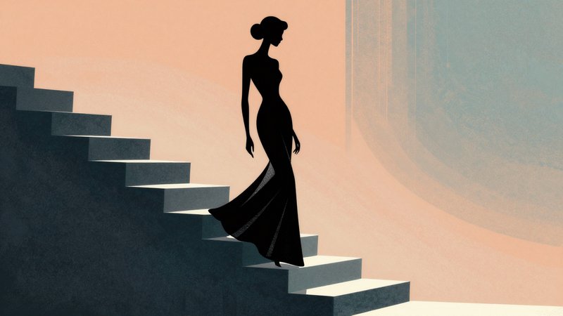 Silhouette of a woman in a flowing black evening gown descending concrete stairs.