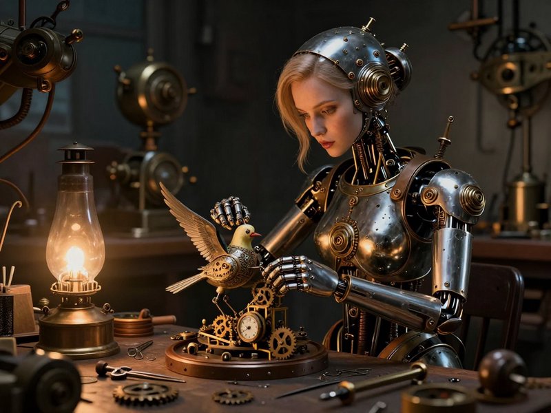 A detailed steampunk scene featuring a female auto | NielsCarlsen on ...
