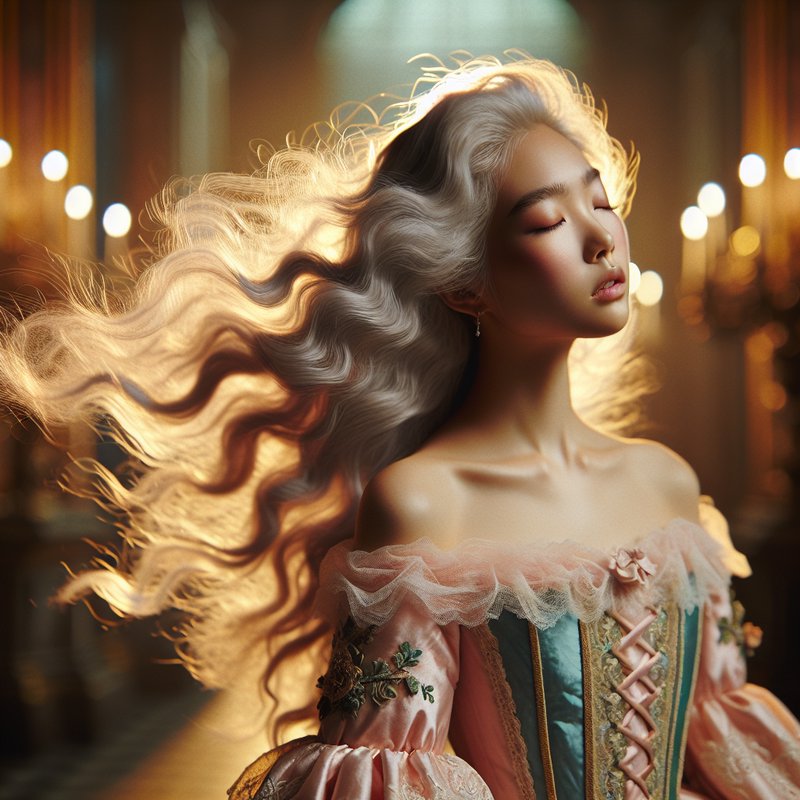 Woman with long silver hair in a pink Victorian-inspired off-shoulder gown with a corset