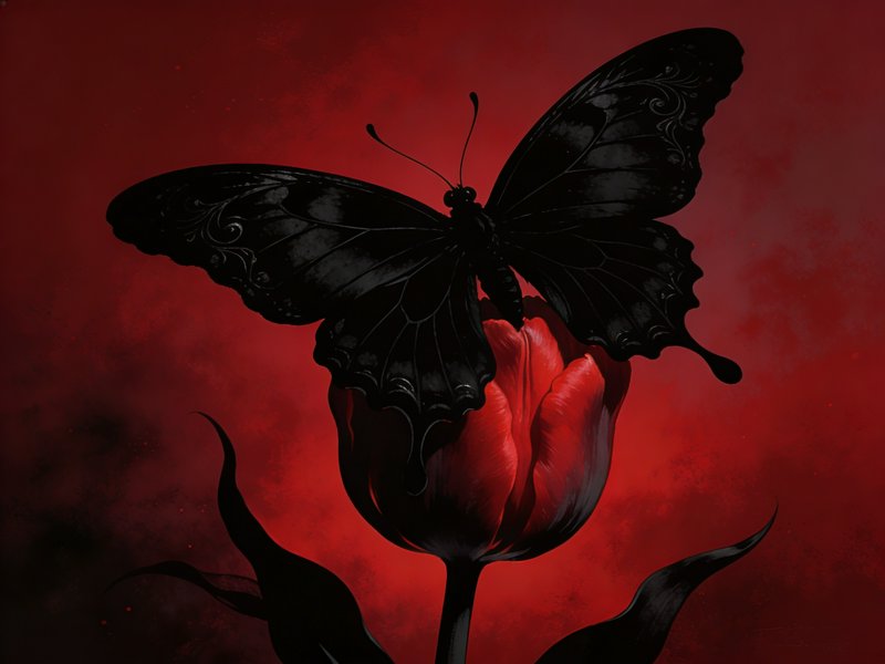 Black butterfly perched on a deep red flower against a smoky red background.