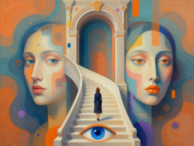 Digital art piece that appears to be a representation of a human face. the background is a mix of different colors and shapes, shades of orange and teal, creating a surreal and dreamlike atmosphere. of sweeping curves and rococo architecture, a woman standing at the bottom of a staircase, analytical art, surrealistic digital artwork, surreal and fantasy art, futuristic art, n*de female forms, surrealism painting, psychedelic surreal art, mind-bending digital art, neo-surrealism, mist, bokeh, hallucinatory art, masterpiece surrealism by Igor Morski, at the bottom of the image, there is a large blue eye beneath the arch of a sweeping curved staircase that is the focal point of the image. On either side of the staircase, there are two faces, one with blue eyes and the other with orange eyes. the faces are made up of different geometric shapes and colors, including squares, rectangles, and triangles. the colors are predominantly blue, orange, and yellow, with some hints of pink and purple. the overall effect is one of depth and dimensionality, with the blue eye standing out against the abstract shades of orange and teal background with a splash of purple shapes creating a sense of depth.