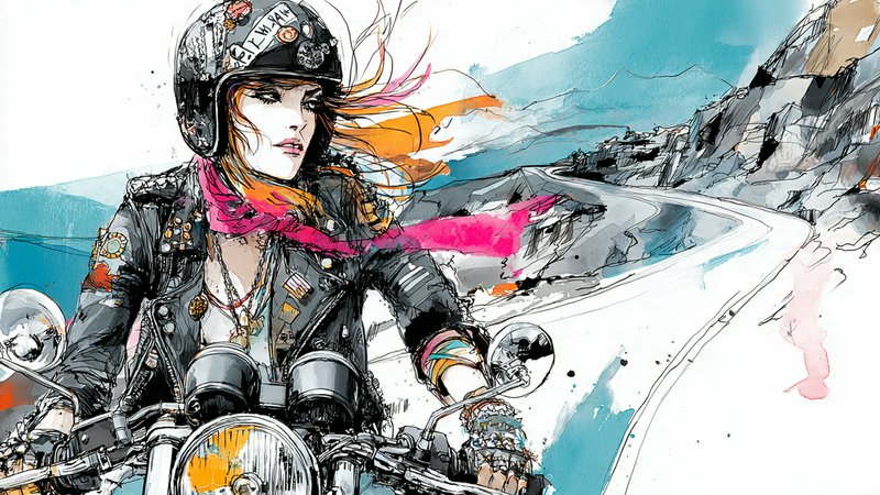 Stylized illustration of a female motorcyclist with helmet and scarf riding a motorcycle on a winding road amid colorful
