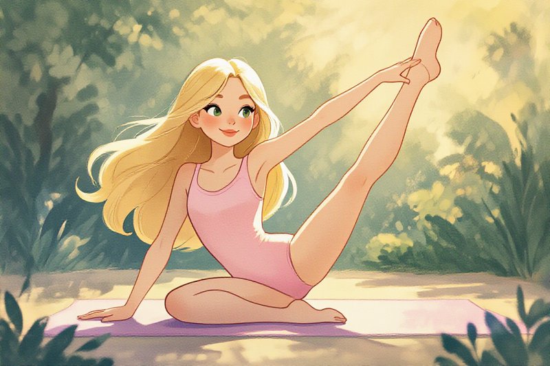 Cartoon girl in pink leotard doing a seated forward leg stretch on a yoga mat outdoors.