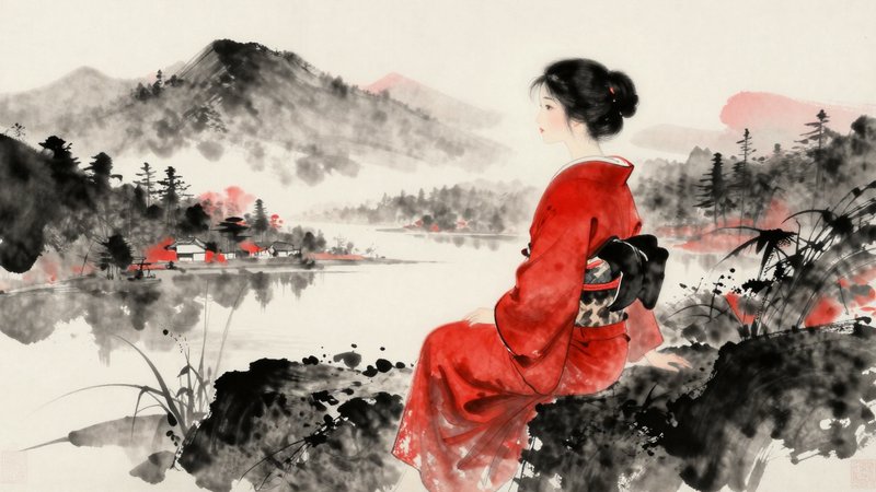 (((Dreamy Japanese Woman in Akimora Style))) a beautiful woman in a Japanese dreamscape. ((The scene evokes a sense of serenity and ethereal beauty, reminiscent of traditional Japanese art.)) Japanese style ink and watercolor wash, in shades of red and black, a young woman sitting on a stone wall . she is wearing a traditional Japanese dress and has her hair tied up in a bun. the woman is looking out over a mountainous landscape with a lake and mountains in the background.