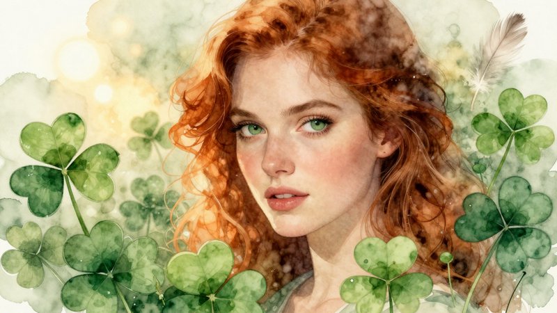 Ethereal ink and watercolor wash illustration. Close portrait. A sweet, auburn-haired Irish woman surrounded by lush shamrocks, gazing at you with sensual green eyes. Soft focus. Whispers of golden hour. Delicate, feathery bokeh. Masterpiece. 8k resolution. Intricately detailed. Dreamy, whimsical atmosphere. Soft, muted colors. Gentle, watercolor textures. Elegant, flowing lines. Inspired by the art of John William Waterhouse and Arthur Rackham.