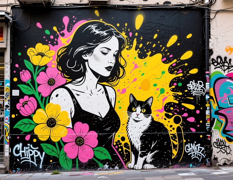 Graffiti mural of a woman with a cat, surrounded by colorful flowers and bright paint splashes.